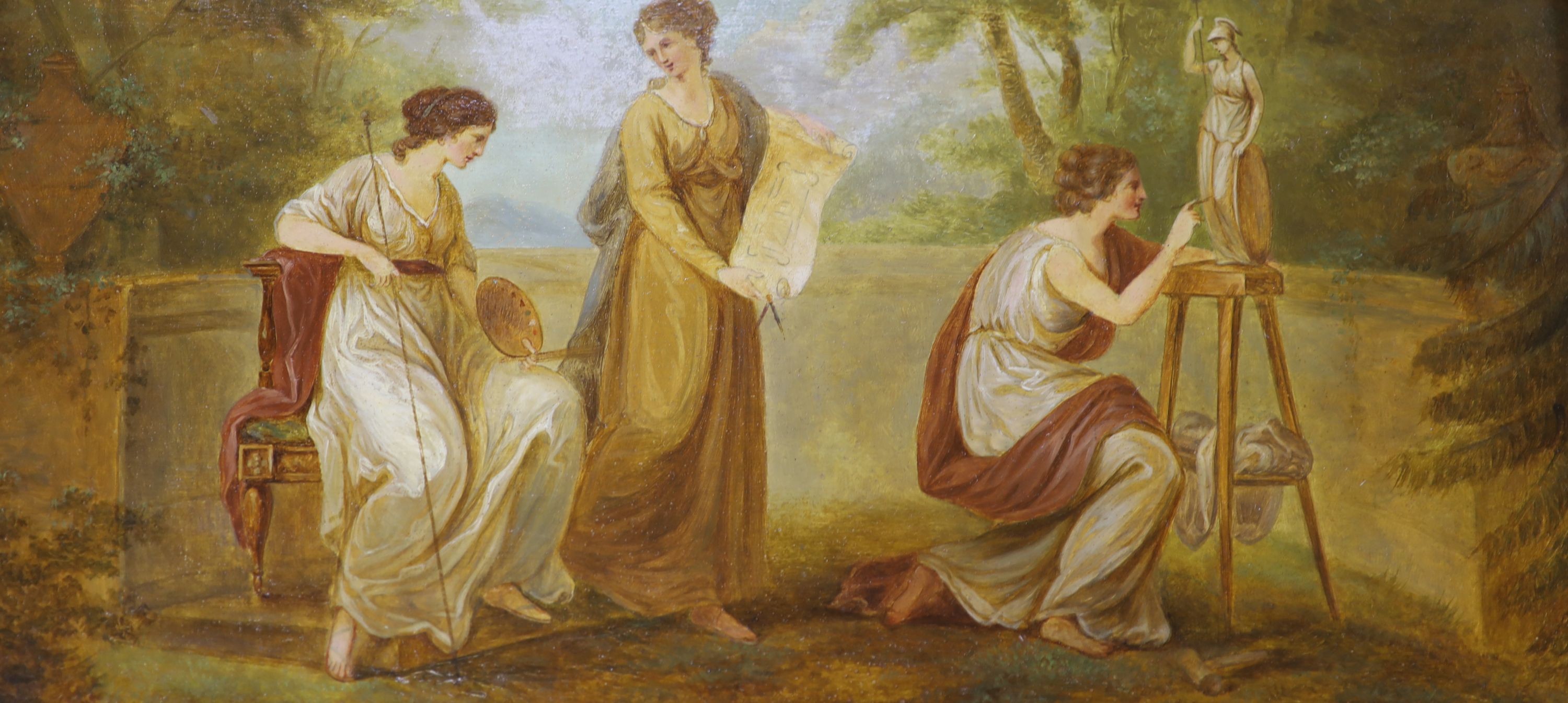 English school circa 1900, oil on panel, classical figures, 18 x 39cm.